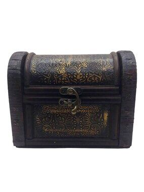 Rustic Wooden Faux-Leather Wrapped Treasure Chest Keepsake Jewelry Trinket Box